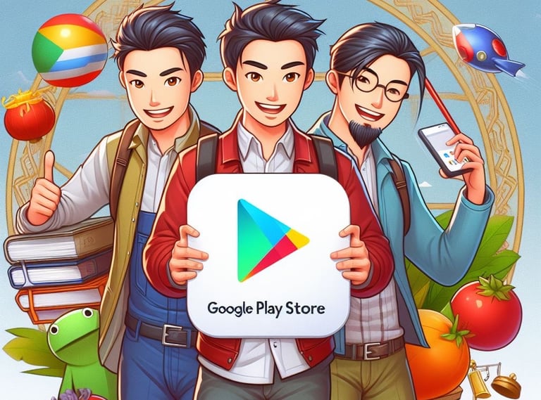three men standing in front of a circle with a sign that says google play store