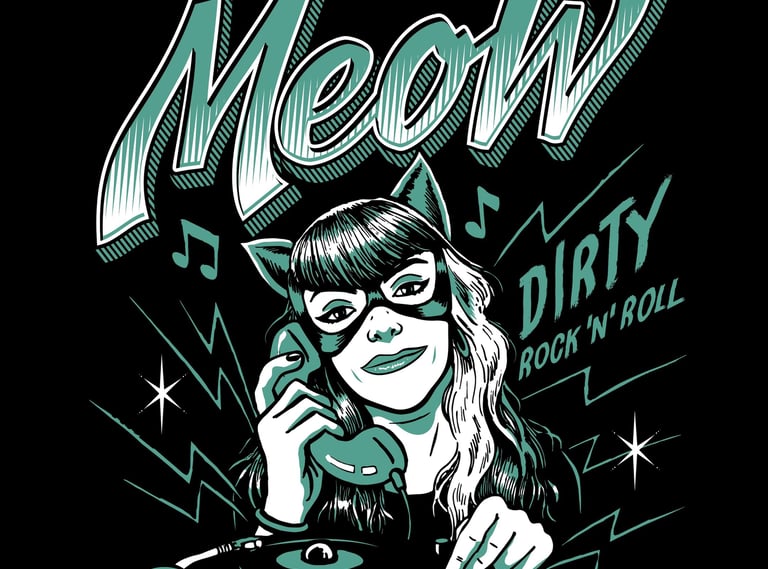 Dibujo 2 en colores verdes con logo de Meow Dj estilo comic 