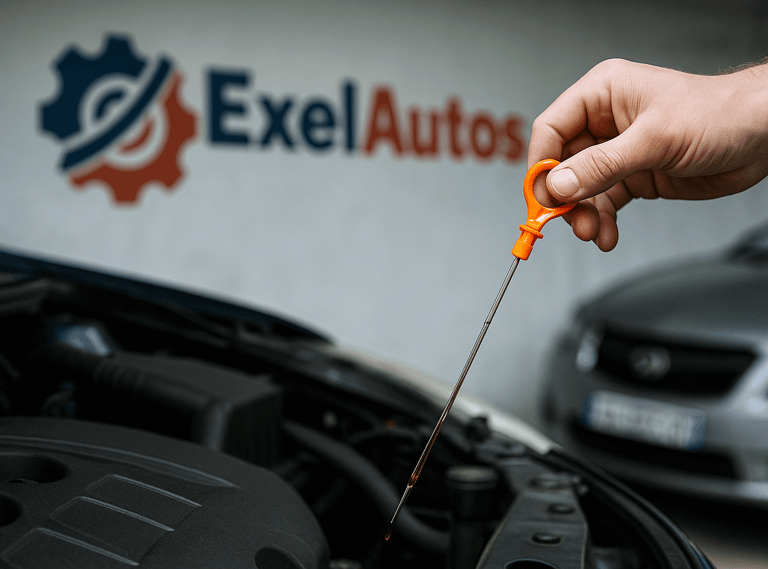 Prise de mesure du niveau d’huile moteur dans un garage auto ExelAutos