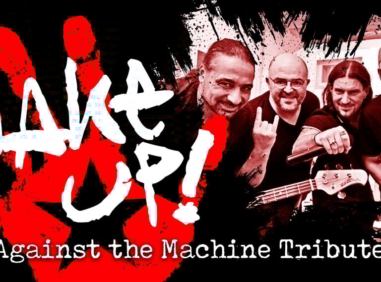 a group of people standing in front of a black and white banner