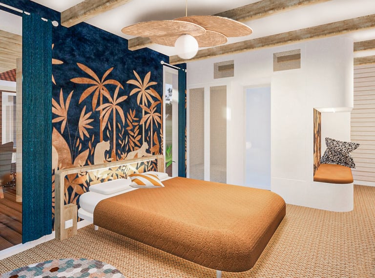 Visuel photoréaliste d'une chambre dans un chalet confortable et chaleureux