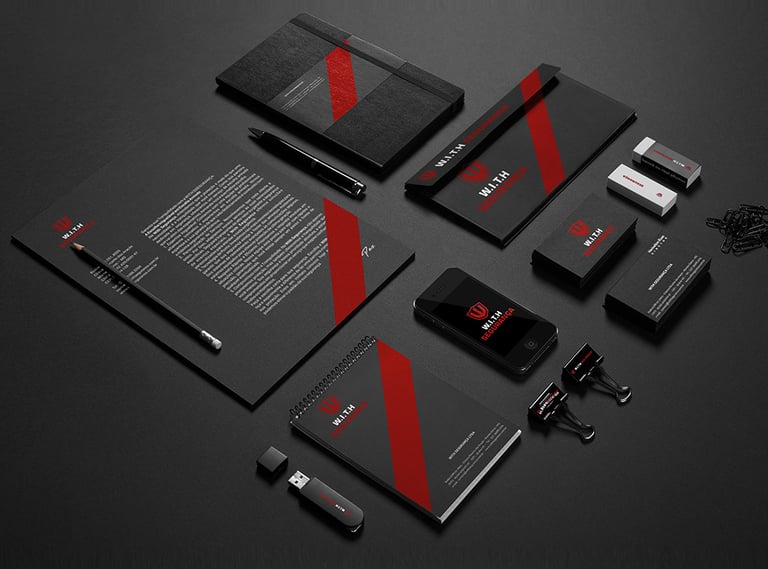 a black and red stationery with a black and white logo