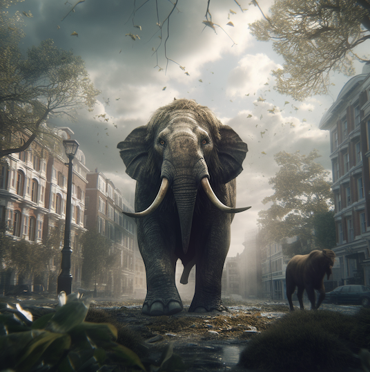 a elephant walking down a street with a lot of elephants