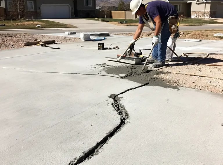 Concrete contractor repairing cracks in a residential driveway in Eagle Mountain, Utah