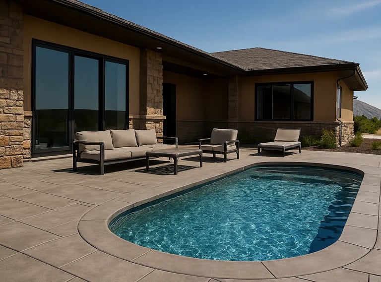 A pool deck with outdoor couch in Eagle Mountain, UT