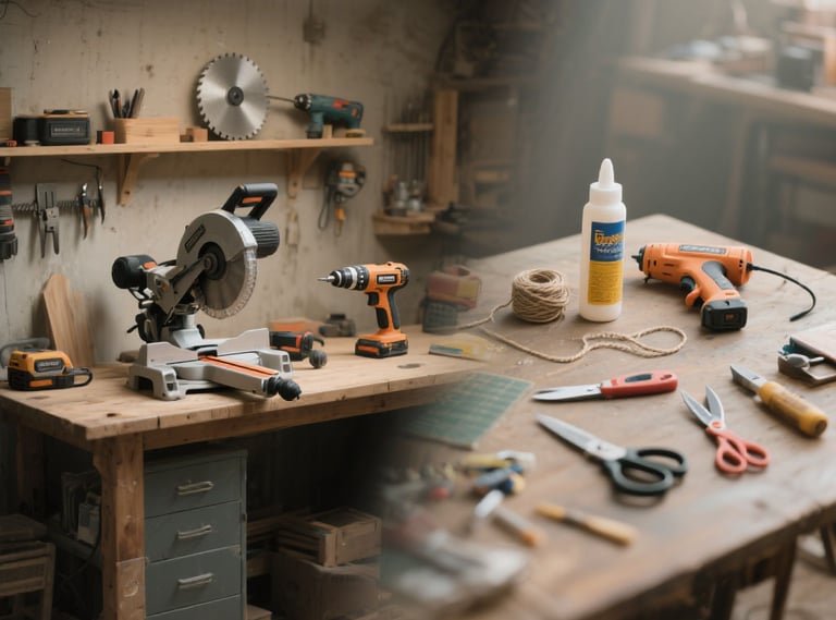 woodworking tools and craft gear arranged on workbench