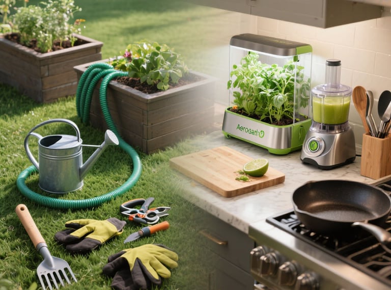 gardening kit, kitchen tools, and healthy living gear on table