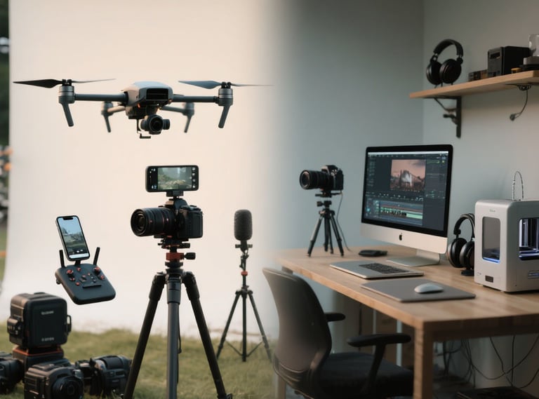 content creation setup with cameras, tripod, and editing desk