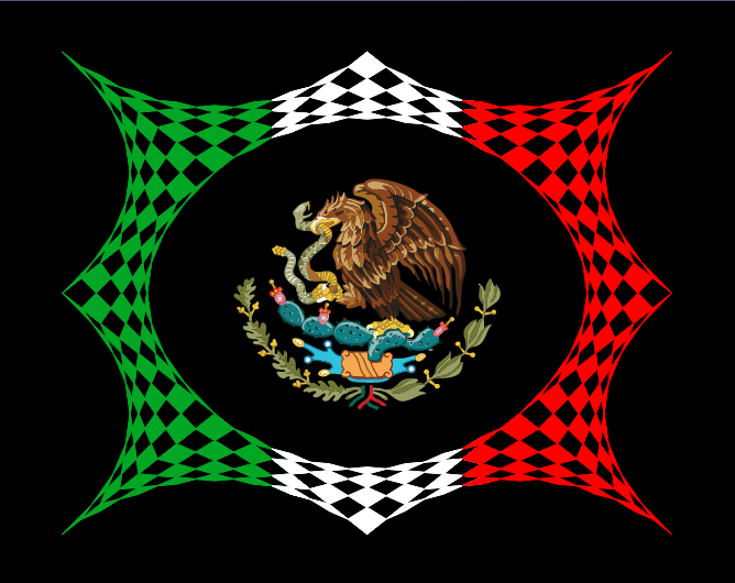 Geometric Mexican flag art with a golden eagle and snake emblem in a checkered frame.