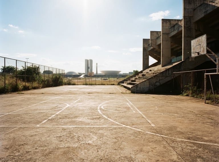 Raw urban photography of a public concrete sports court in Brasília, harsh midday sun, high contrast shadows, empty space on the left, 35mm documentary style.