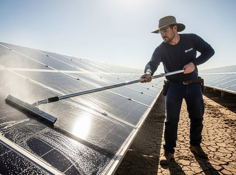 Professional technician cleaning solar panels with a squeegee at a desert solar farm for maintenance.