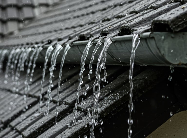 Rainwater overflowing from a clogged roof gutter on a house during a heavy rainstorm.