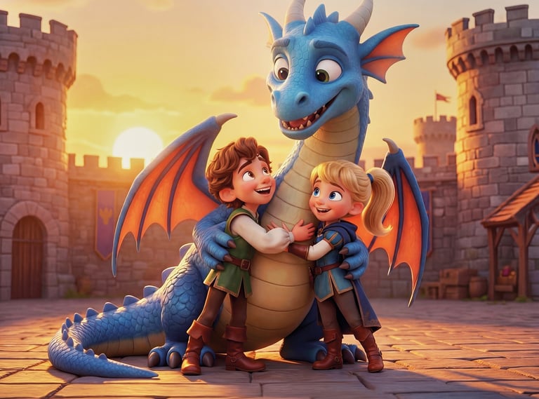 A friendly blue dragon hugging two children in a castle courtyard at sunset.