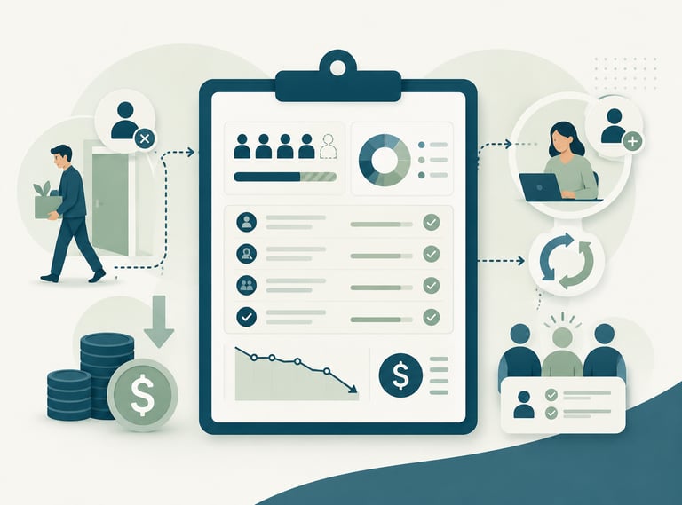 Infographic showing employee turnover and business data analytics on a clipboard.