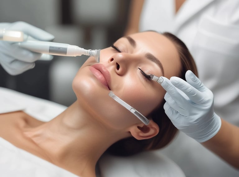 Elegant close-up of a woman's radiant face with flawless skin in a luxurious spa setting.