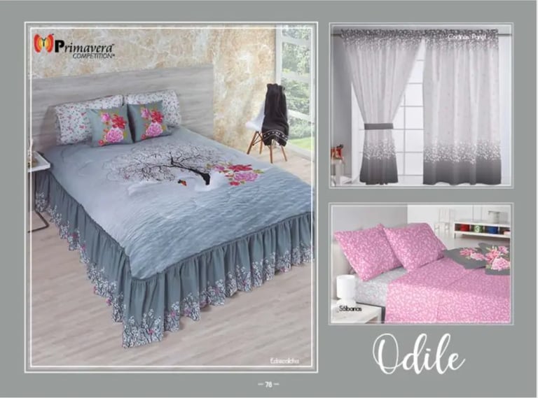 Edrecolcha gris modelo Odile de la marca Colchas Primavera con su conjunto de cortinas y sabana.