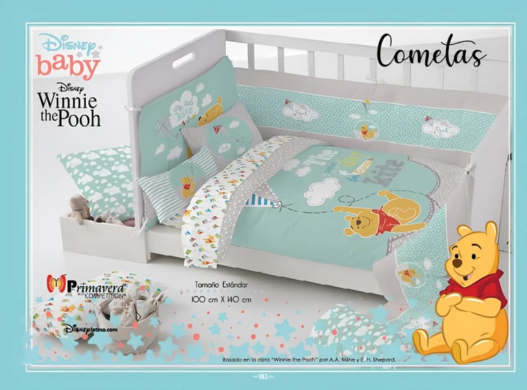 Cunero azul con estampado de winnie pooh modelo Cometas de la marca Colchas Primavera