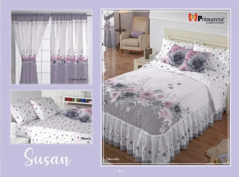 Edrecolcha morado modelo Susan de la marca Colchas Primavera con su conjunto de cortinas y sabana.