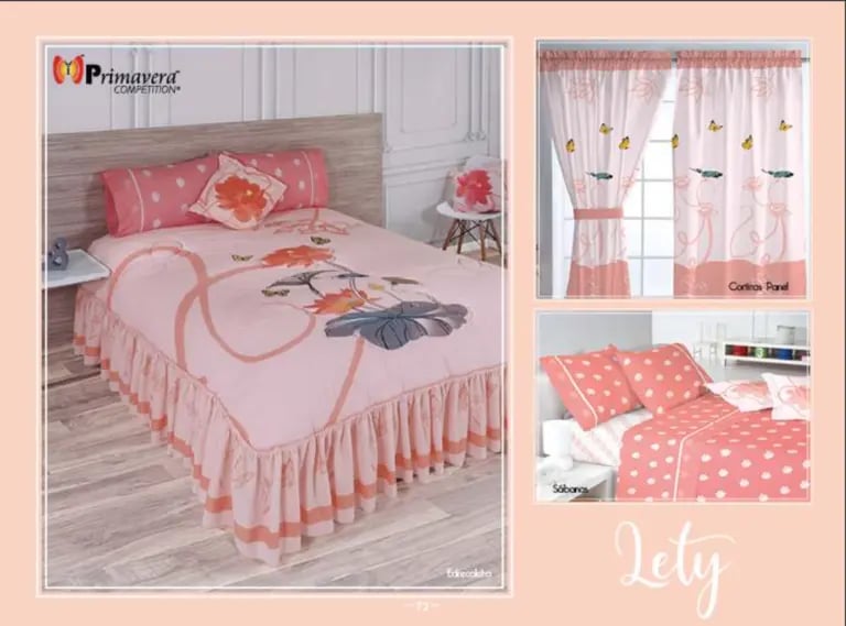 Edrecolcha rosa modelo Lety de la marca Colchas Primavera con su conjunto de cortinas y sabana.