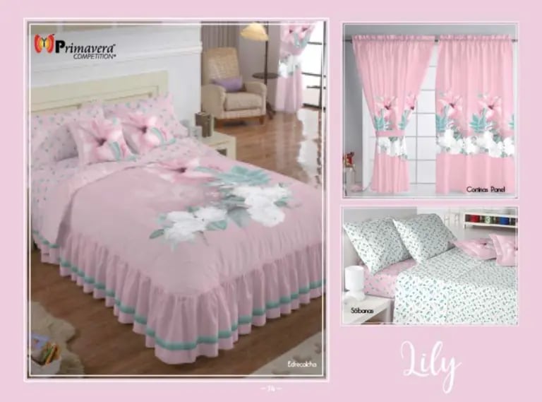 Edrecolcha rosa modelo Lily de la marca Colchas Primavera con su conjunto de cortinas y sabana.