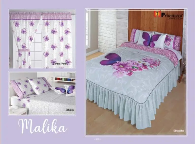 Edrecolcha morado modelo Malika de la marca Colchas Primavera con su conjunto de cortinas y sabana.