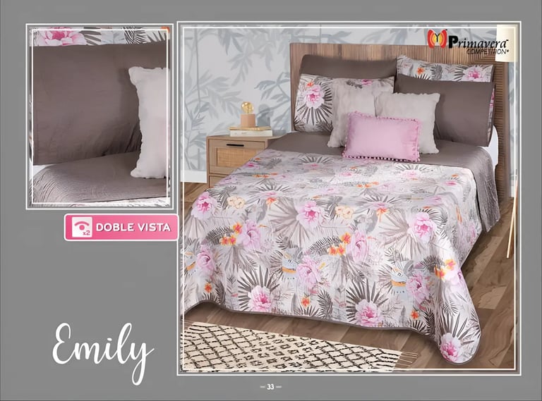 Edredón ligero gris con rosa modelo Emily de la marca Colchas Primavera