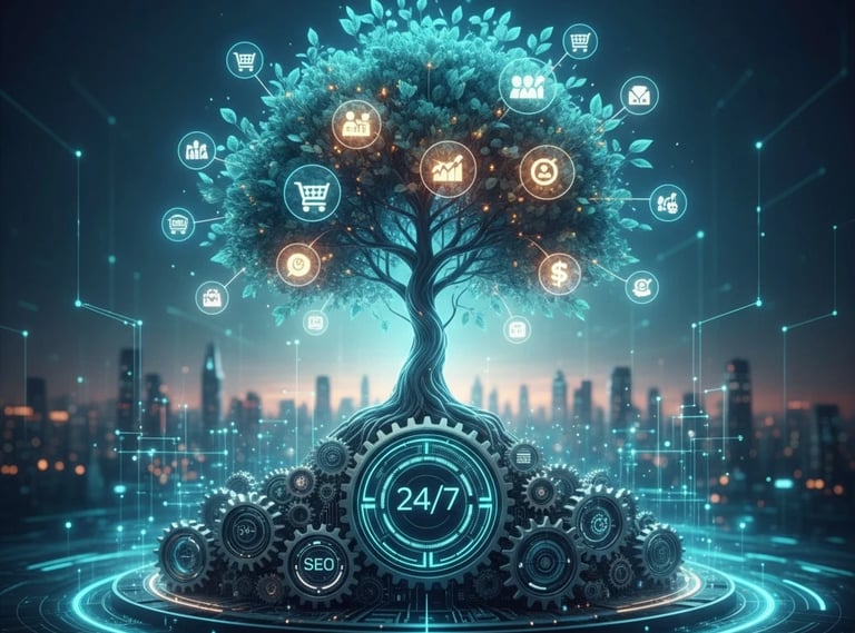 A vibrant digital tree with business growth icons and mechanical gears at its base, representing strategic web design, SEO, a