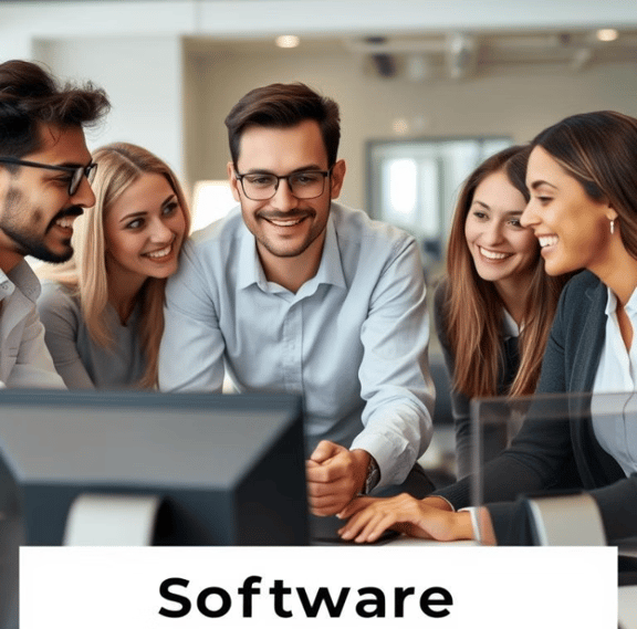 "Group of professionals smiling at a computer with text reading 'Software' and a typo below."