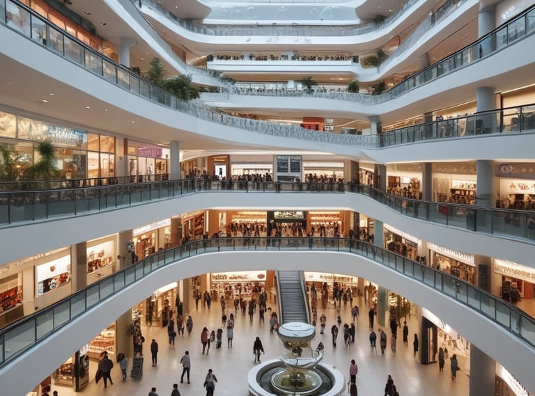 An aerial view of a modern retail store interior featuring neatly arranged displays of clothing, accessories, and mannequins. The store is well-lit with a sleek design, and several shoppers are visible browsing the merchandise. Glass and metal elements contribute to the contemporary aesthetic.