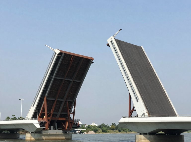 A futuristic movable bridge lifting to allow ships to pass under a bright blue sky.