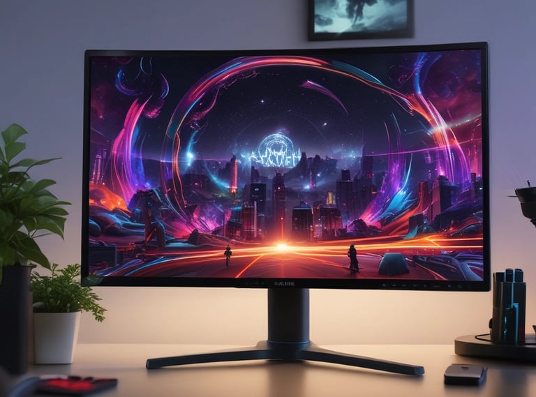 A row of high-end gaming computers on sleek desks, featuring RGB lighting and gaming accessories. The computers are housed in transparent cases with visible components, emitting a red glow. Comfortable gaming chairs with ergonomic design are positioned next to the desks, and the room's ceiling is modern with recessed lighting.