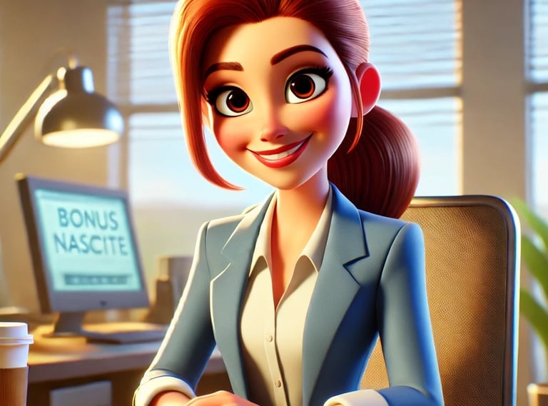 Illustrazione cartoon di un personaggio seduto a una scrivania in un ufficio con computer che mostra "bonus nascite"