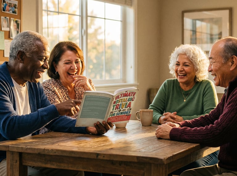 Four seniors laughing together while reading The Ultimate Nostalgic Trivia Book for Seniors 