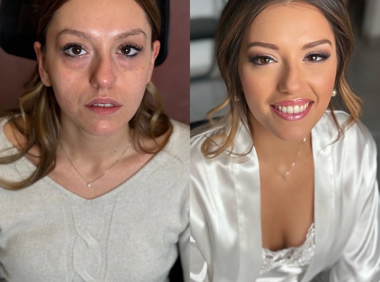 Trasformazione prima e dopo trucco sposa luminoso per matrimonio a Torino