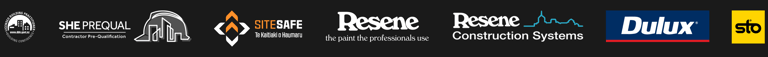 A group of different logos on a black background. including Resene, Dulux, SiteSafe, LBP.