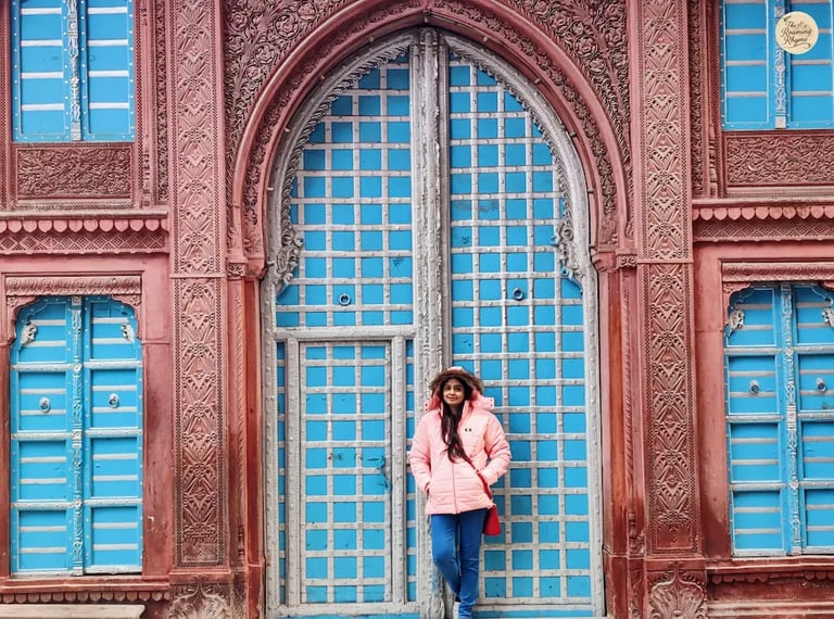Person strolling past historic havelis in Bikaner with intricately carved doors and windows.
