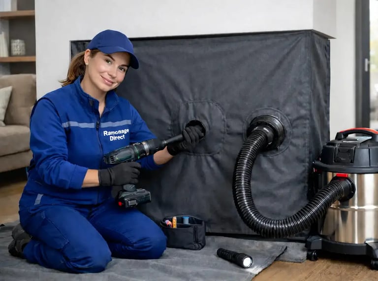Ramoneur à Nantes effectuant un ramonage rotatif de cheminée avec bâche anti-poussière et aspiration professionnelle