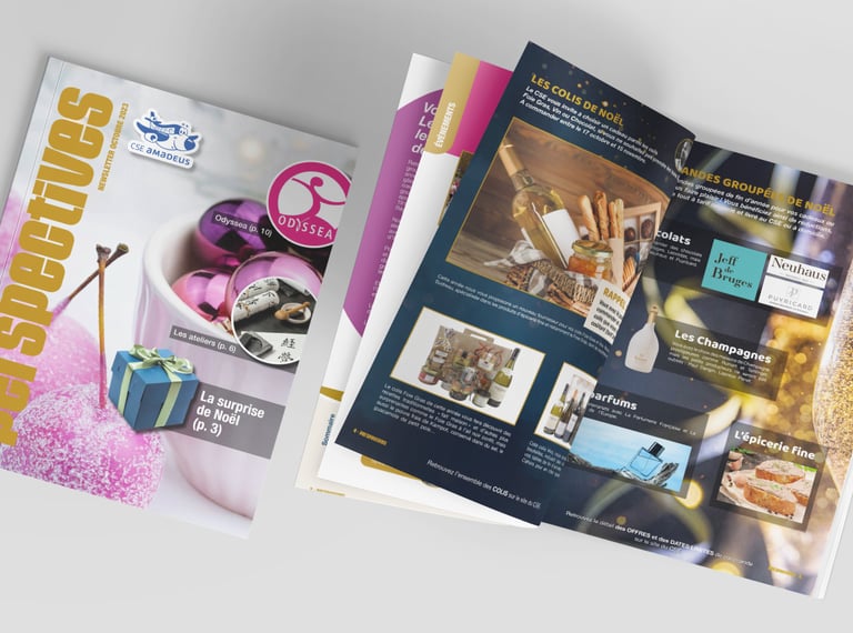 Conception, réalisation et suivi d'impression de la newsletter du CSE d'Amadeus. Trimestriel