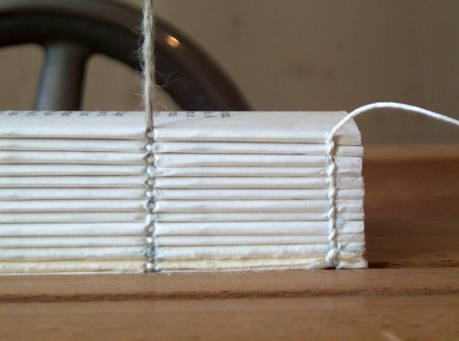 Quires being sawn together.