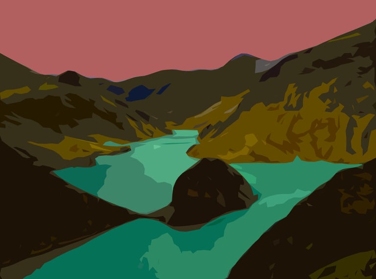 a painting of a mountain scene with a river