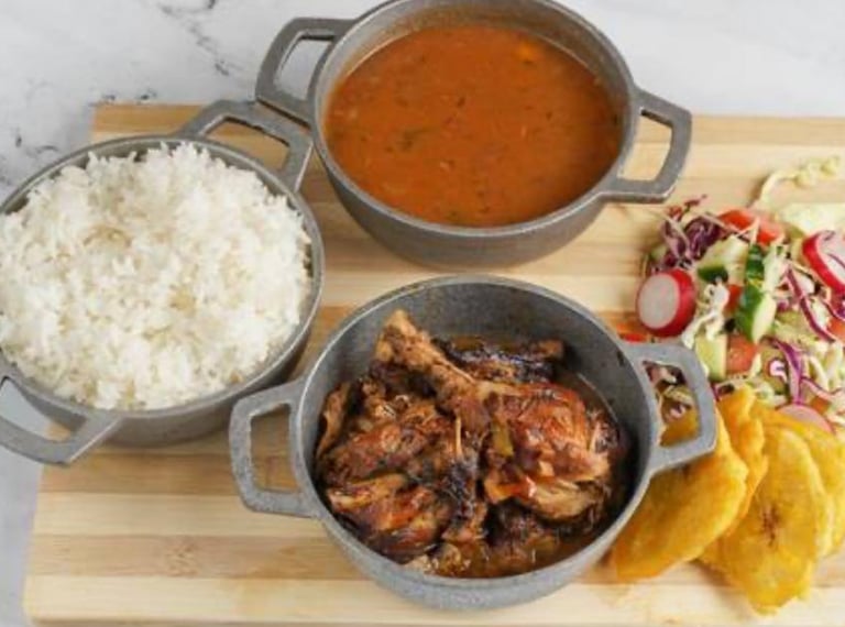 a variety of food items including rice, rice, and vegetables