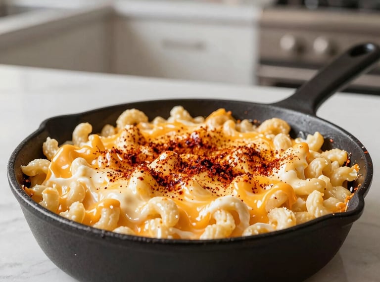A portion of creamy four-cheese baked mac and cheese topped with smoked paprika and melted golden cheddar, served in a skillet in a bright modern kitchen.