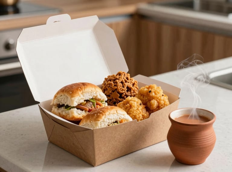 A beautiful, modern cardboard takeaway box filled with an assortment of Maharashtrian snacks: a mini Vada Pav, Kothimbir Vadi, and golden Bhajias. Next to it sits a small, steaming clay cup (kulhad) of masala tea. The background is a clean, modern kitchen counter with warm wood accents and hints of green herbs.