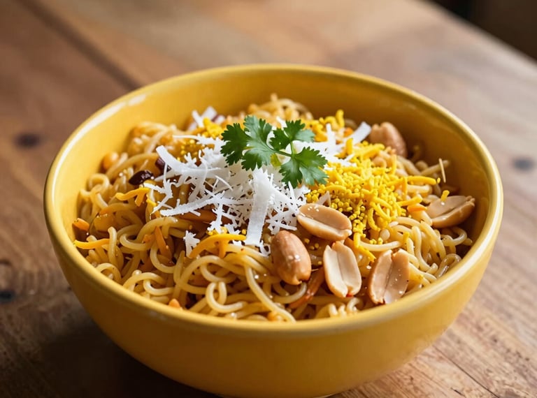 A vibrant yellow bowl of Sajgure Poha, garnished with fresh grated coconut, bright green coriander, and yellow sev. A few roasted peanuts are scattered on top. The bowl is set on a rustic wooden table with natural morning light streaming in, creating a comforting, authentic breakfast scene.