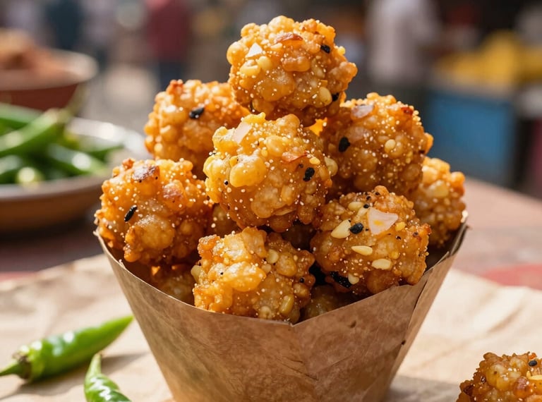 Crispy, irregularly shaped golden Moong Dal Bhajia fritters piled high in a rustic paper cone. A few scattering green chilies lie on the side. The scene is shot outdoors in a vibrant, sun-drenched Indian market setting, with a beautiful shallow depth of field. Warm, lively, and incredibly appetizing.