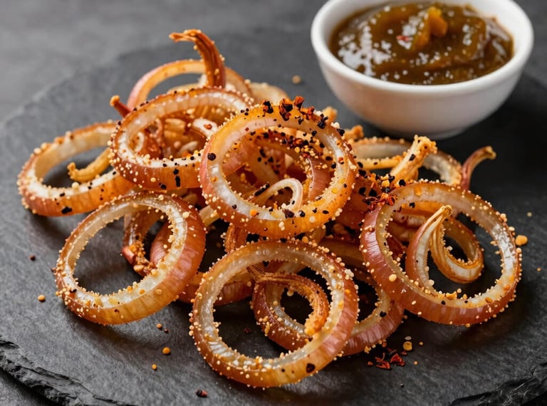 Crispy, tangled Onion Bhajias arranged artistically on a dark brown slate plate. The deep amber-colored, thinly sliced onions are visible through the light, lacy gram flour coating. Garnished with a sprinkle of roasted spices and served alongside a small dish of sweet-tangy tamarind chutney.