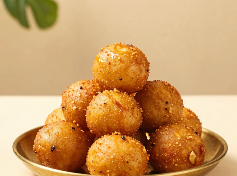 A stack of round, golden Batata Vadas on a rustic brass plate. Deep-fried to a perfect crisp in heart-friendly groundnut oil. The background is a warm beige plaster wall with a soft shadow of a green plant, conveying a refined yet grounded street-food atmosphere.