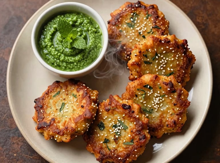Top-down food photography of Kothimbir Vadi. Crispy, golden-brown pan-fried coriander cakes arranged neatly on a hand-painted beige ceramic plate. Gilded with white sesame seeds, steam gently rising, with a small bowl of tangy green mint chutney beside it, warm soft lighting highlighting the rustic herbs.
