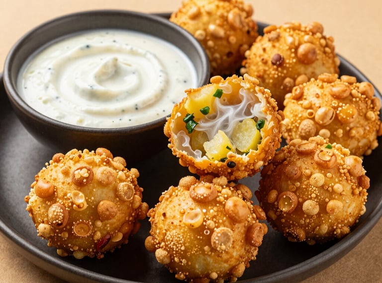 A plate of golden, crispy Sabudana Vada patties on a warm sand-colored textile. The sago pearls form a beautiful, bubbly, crunchy crust. One vada is broken in half, revealing the soft, steaming potato and green chili interior. Served with a side of creamy white peanut-yogurt dip. Vibrant, professional food styling.