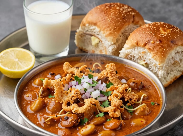 A steaming bowl of Maharashtrian Misal Pav. The spicy red-orange curry sprouts moth beans, topped with generous crispy golden farsan, chopped raw onions, and coriander. Served on a dark metal tray with two buttery toasted pav buns, a lemon wedge, and a small glass of cooling buttermilk in the background. Bright, mouthwatering, authentic.